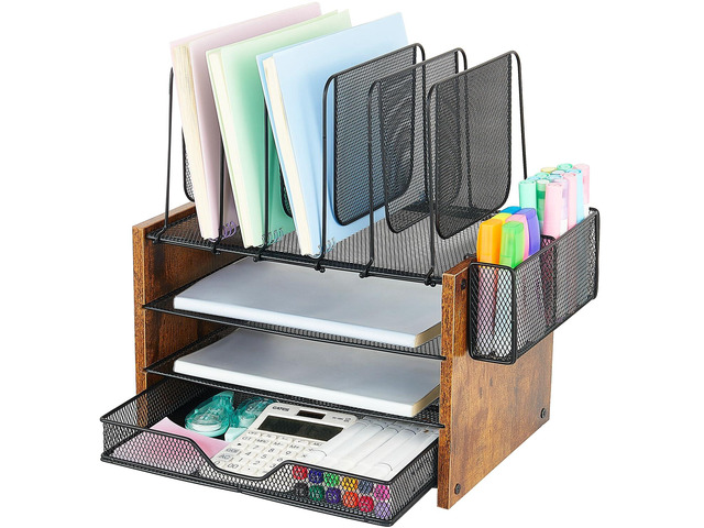 Desk Organizer, 4-Tier Desktop File Organizer with Drawer and Pen Holders, Office Desk Accessories, File Sorters, Workspace Organizers for Office...