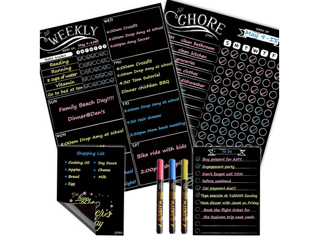 Magnetic Chalkboard Weekly Planner - Reward Chore Chart Blackboard Combo Set with Neon Bright Liquid Chalk Markers - Bonus Grocery List and Notepad...