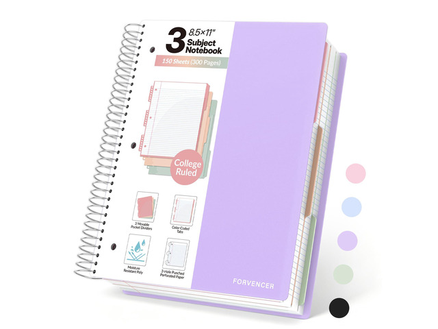 3 Subject Notebook College Ruled, Spiral Notebooks, 8.5' x 11' 3Hole Punched Perforated Page, 3 Colored Movable Dividers, 150 Sheets, Fights Ink...