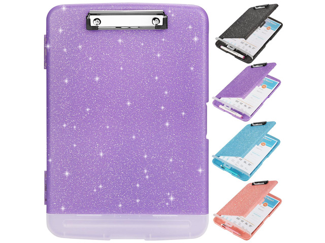 Glitter Clipboard with Storage,Storage Clipboard with Pen Holder,A4 Binder Clip Boards 8.5x11 with Low Profile Clip,Side Opening Sparkle...