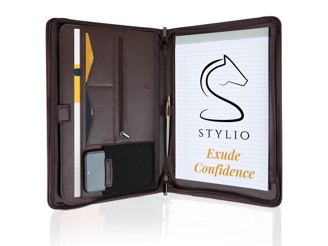 Zipper Padfolio Portfolio Binder Organizer (Walnut Color) Faux Leather Portfolio for Resume, Documents, Phone, Tablet, Business Supplies and...