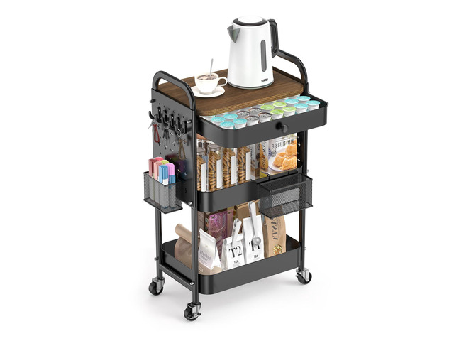 3 Tier Metal Rolling Cart with Drawer,Wood Top,Pegboards,Black Storage Utility Cart with Drawers,Pegboards,Lockable Wheels,Baskets,Hooks for...