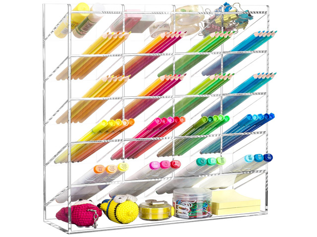 Acrylic Vertical Marker Organizer for 250 Markers, Desk Orgaizer 21 Compartments Clear Angled Pen & Pencil Holder, Large Stationery & Art Supply...