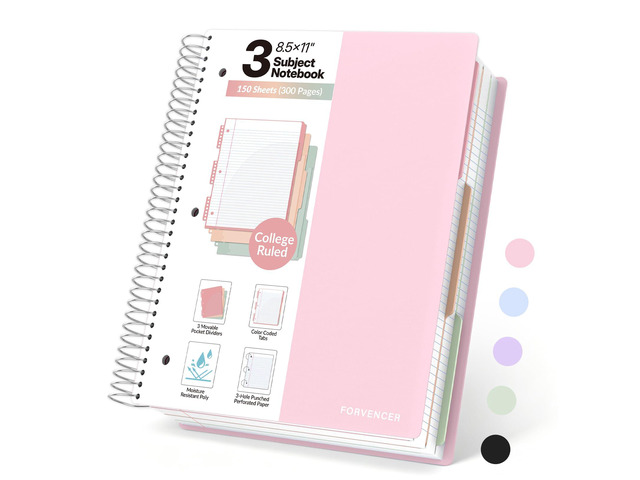 3 Subject Notebook College Ruled, Spiral Notebooks, 8.5' x 11' 3Hole Punched Perforated Page, 3 Colored Movable Dividers, 150 Sheets, Fights Ink...
