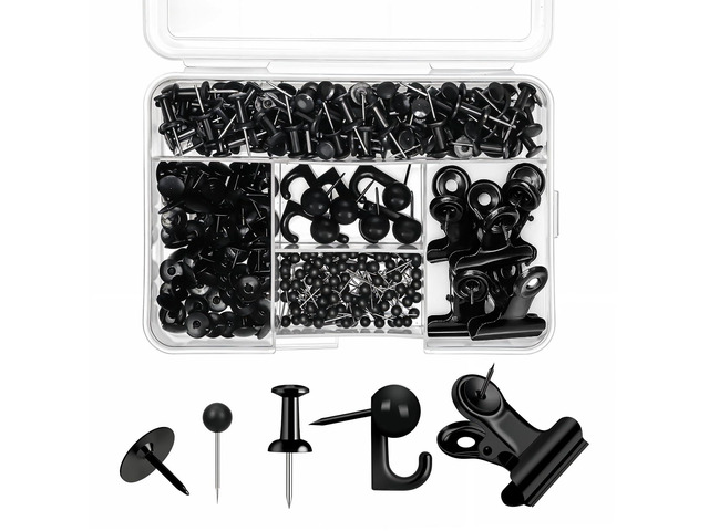 310 Pcs Black Push Pins Set, 5 Styles for Cork Board, Office, Home Plastic Heads, Steel Points, Includes Clips And Hooks, Storage Box, For Notes,...