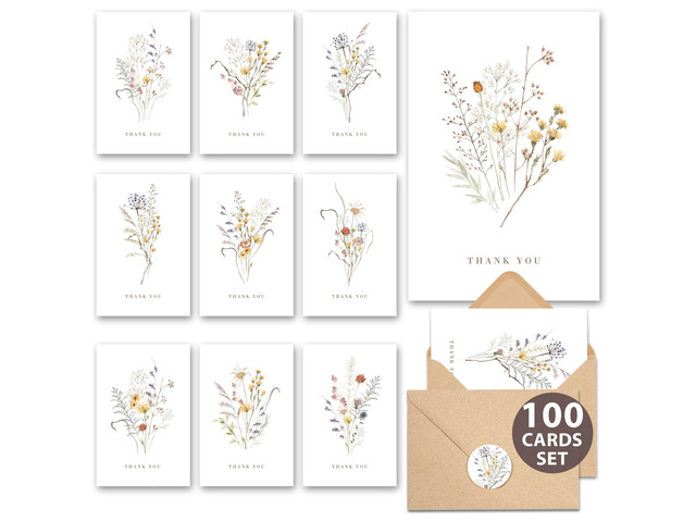 Wildflower Thank You Cards with Envelopes (100 pack 4x6) - Floral Thank You Cards with Adhesive Envelope & Matching Stickers - Gifts for Birthday,...