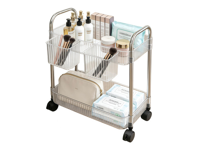 2 Tier Utility Rolling Cart with Wheels Sofa Side Table Small Under Desk Storage Organizer, Clear Acrylic Plastic Mobile Trolley Organization...