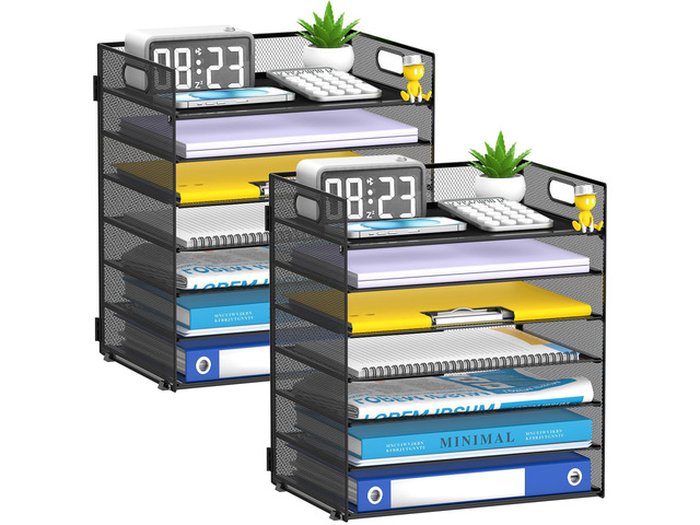 7 Tier Paper Organizer for Desk with Mesh Letter Trays and Handle 2 Pack 2 Pack Desk File Organizer with Handle for Sorting Papers, Files, Folders,...