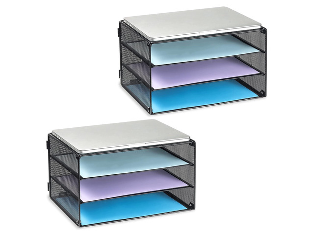 3 Tier Letter Tray Paper Organizer with Sliding Trays Black 2 Pack Metal Mesh File Organizer with Sliding Trays for Letter and A4 Paper, Mail,...