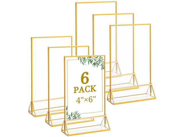 6 Pack 4x6 Inch Clear Acrylic Sign Holders, Double-Sided Gold Display Stand Picture Frames for Table Numbers, Menus, Flyers, Weddings, and Offices