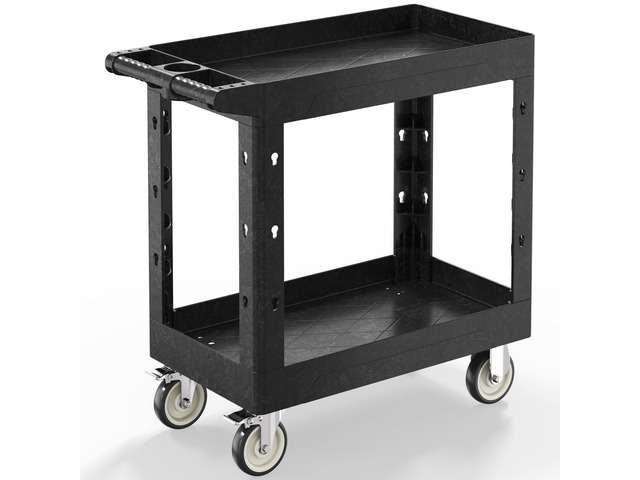 Plastic Utility Cart on Wheels, 34 x 17 Inch Rolling Service Cart-Black 2 Shelf Work Carts, 500 lbs Capacity Heavy Duty Tool Cart W/Tub Storage &...