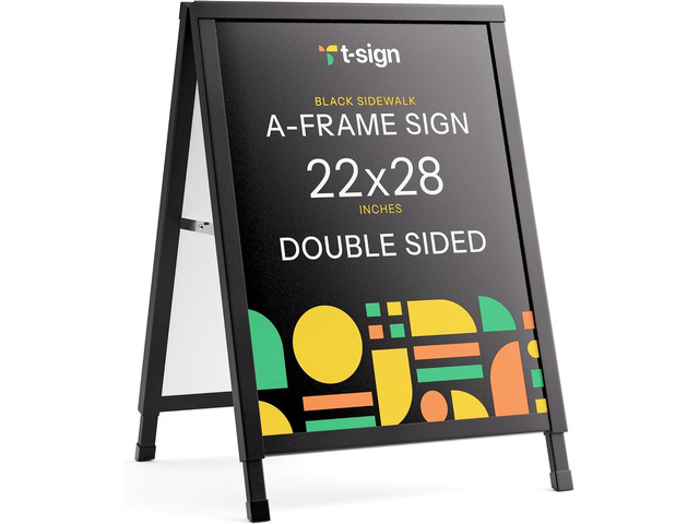 Outdoor A-Frame Sidewalk Sign 22x28 Inch Sandwich Board, Black Coated Steel Metal Double-Sided, Heavy Duty Slide-in Folding Frame Sign Holder, 2...