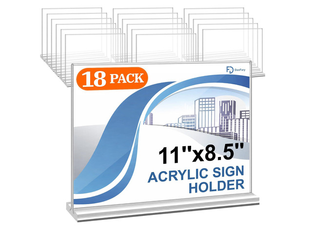 Acrylic Sign Holder 8.5 x 11 Horizontal, 18 Pack Double-Sided Clear Acrylic Picture Frame with Stable Tabletop Base, Double-Sided Display for...
