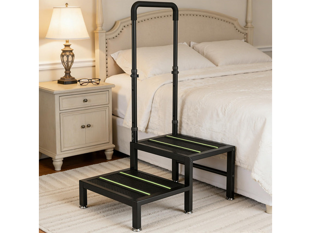 2 Step Stool with Handle, Heavy Duty Step Stool for Elderly and Adults, Adjustable Handrail with Non-Slip Platform, Bedside Steps for High Beds,...