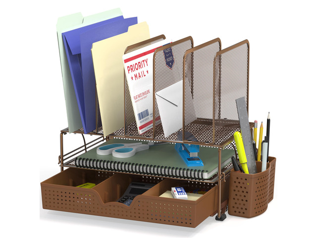 Desk File Organizer for Office Supplies w/Drawer, Copper Double Tray, Pencil Holder, and 5 Upright Sections with Sliding Drawer