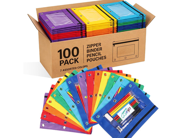 100 Pcs Classroom Binder Pencil Pouches, Novel Color, 1 Zipper 3 Ring Binder Zipper Pencil Pouches, Mesh Layer Pencil Bags Bulk, Pencils Pouches...