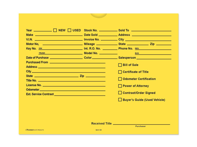 Printed Vehicle Deal Envelopes 9x12 Deal Jackets (100 shrink wrapped) (Yellow)