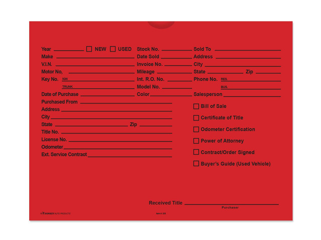 Printed Vehicle Deal Envelopes 9x12 Deal Jackets (100 shrink wrapped) (Red)