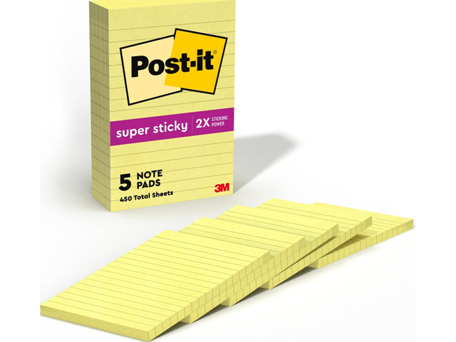 Super Sticky Lined Notes, 5 Sticky Note Pads, 4 x 6 in., School Supplies for Students, Ideal for Textbooks, Notebooks, Walls and Vertical Surfaces,...