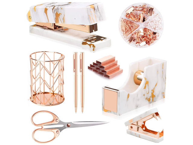 Rose Gold Marble Desk Accessories, Office Supplies Set Stapler Staple Remover, Tape Holder, Pen 2 Ballpoint Pen, Scissor, Binder Clips, Paper Clips...
