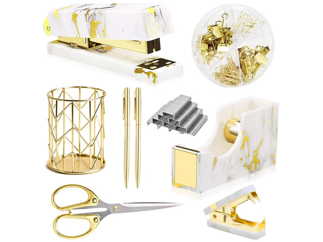 Gold Marble Desk Accessories, Office Supplies Set Stapler Set Staple Remover, Tape Holder, Pen Holder, 2 Ballpoint Pen, Scissor, Binder Clips,...