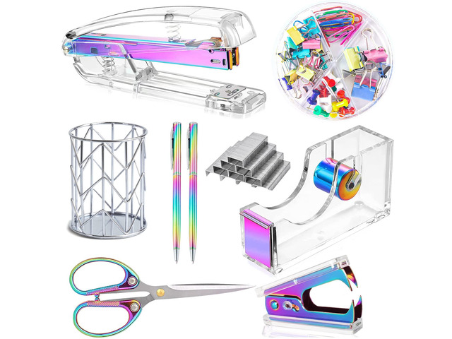 Dream Color Acrylic Stapler and Tape Dispenser Set, Office Supplies with Tape Dispenser, Stapler Remover, 2 Ballpoint Pen, Scissor, Binder Clips,...