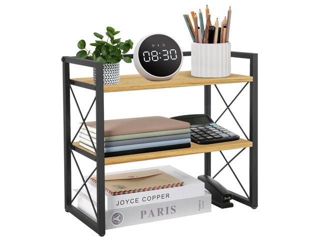 Desktop Shelf Organizer, 2 Tier Office Shelves, Wood Desk Organizer Storage Rack and Freestanding Display Shelf for Office, Dormitory, Home (Black...