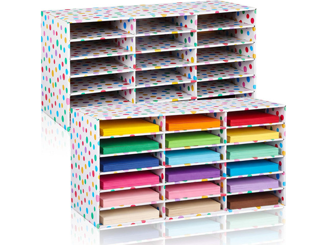 2 Pcs Classroom Construction Paper Storage,Multi-colored Dots 18 Slot Compartments Desktop Scrapbook Organizer for Letter/A4 File Sorter, 14.2' H x...