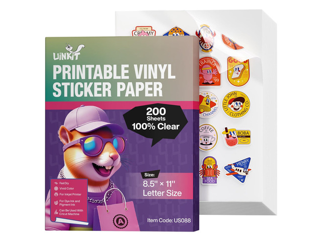 100% Clear Printable Vinyl Sticker Paper Letter Size 8.5'x11' Vivid Colors, Self-Adhesive 200 Sheets Labels for Product Packaging, Glass Jars &...
