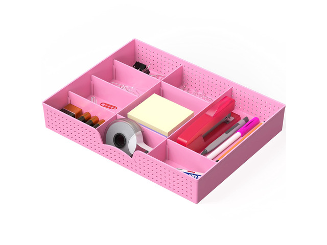 Drawer Organizer Tray, 9 Adjustable Compartments, Pink For Office, Makeup, and Craft Drawer or Desktop Storage