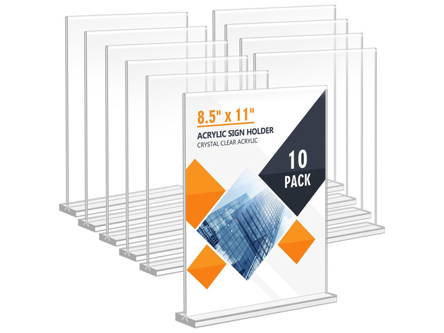 Acrylic Sign Holder 8.5 x 11, Double Sided Sign Holder Stand, Plastic 10 Pack Table Paper Stand, Vertical Menu Flyer Stand, T Shape Table Flyer Holder