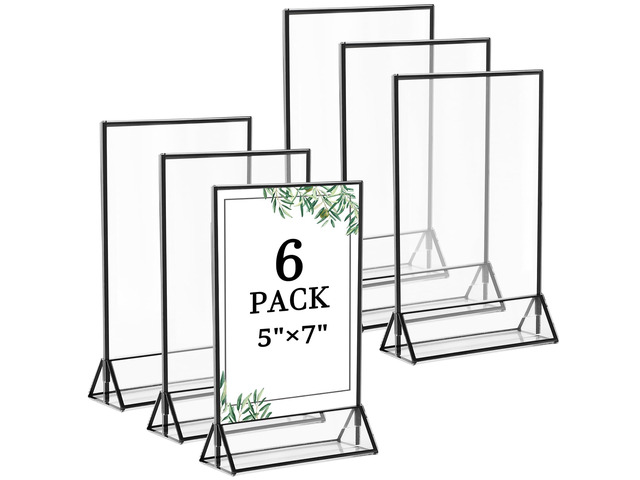 6 Pack 5x7 Inch Clear Acrylic Sign Holders, Double-Sided Black Display Stand Picture Frames for Table Numbers, Menus, Flyers, Weddings, and Offices