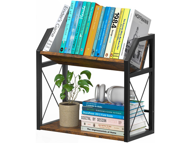 Desktop Bookshelf, Wooden Desk Shelf Organizer, Brown 2-Tier Desk Top Storage Rack for Office, Dorm, Bedroom Decor, Small Tabletop Shelf for Books,...