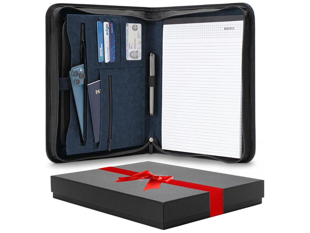 Portfolio Binder, Slim No Ring, Zipper, Vegan Leather, Blue