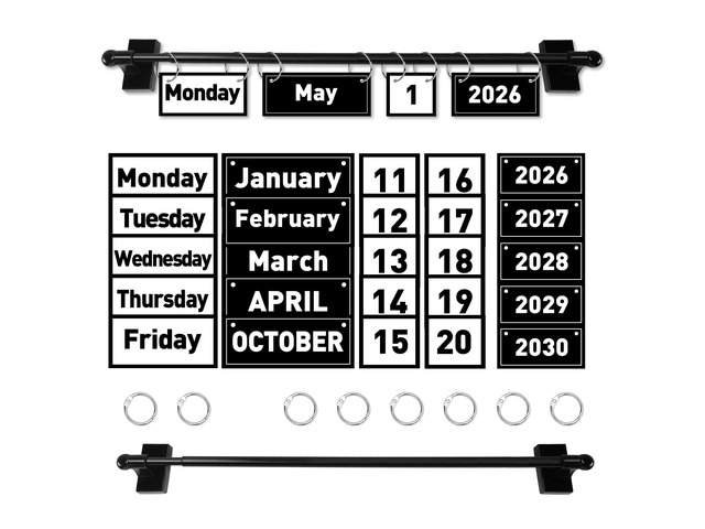 Magnetic Rod Black and White Flip Calendar for Classroom 2026 Upgraded Classroom Calendar Date Cards Black and White Decor Bulletin Board Set