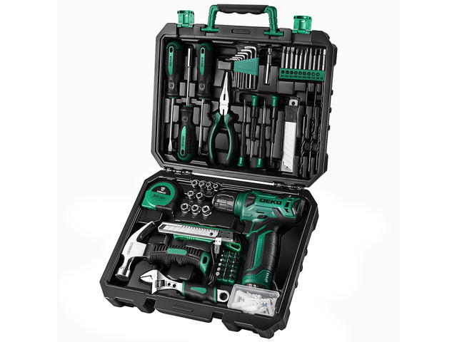 Tool Kit: 8V Cordless Drill, Home Toolbox with storage case, Hand Tool set for Home Repairs 126 Piece, Green