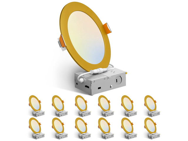 12 Pack 6 Inch Ultra-Thin LED Recessed Ceiling Lights Gold Finish Metal 5CCT 2700K-5000K Dimmable Canless Wafer Downlight with Junction Box, Damp...