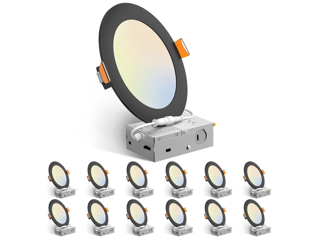 12 Pack 6 Inch LED Recessed Lighting, Canless Wafer Downlight, Black 5CCT 2700K-5000K, 5%-100% Dimmable, Ultra-thin, Metal housing, 1050LM 12W...