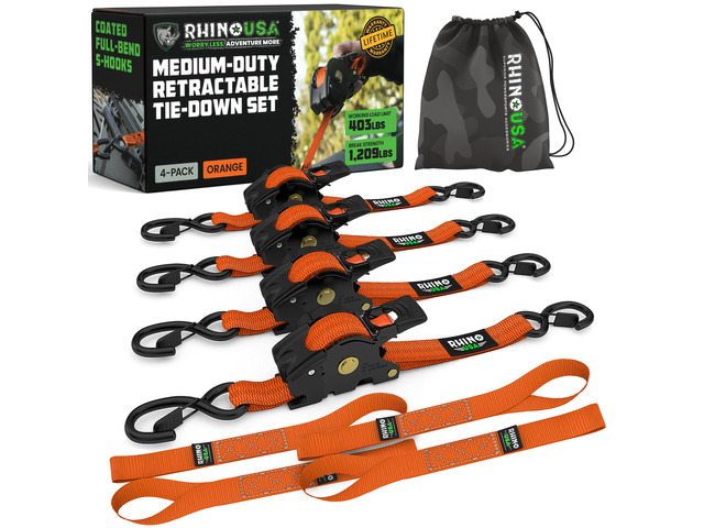 Retractable Ratchet Straps (4-Pack) - 1in x 10ft, Orange 1,209lb Break Strength, Auto Self Retracting Design. For Truck, Cargo Trailer, Motorcycle,...