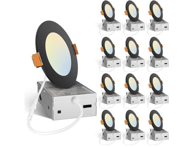 12 Pack 4 Inch LED Recessed Lighting, Canless Wafer Downlight, Black 5CCT 2700K-5000K, 5%-100% Dimmable, Ultra-thin, Metal housing, 800LM 11W 120V,...