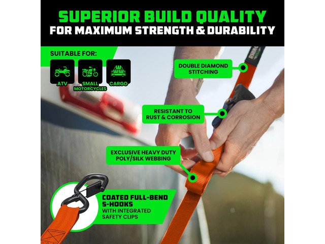 Retractable Ratchet Straps (2-Pack) - 1in x 10ft, 1,209lb, Orange 1,209lb Break Strength, Auto Self Retracting Design. For Truck, Cargo Trailer,...