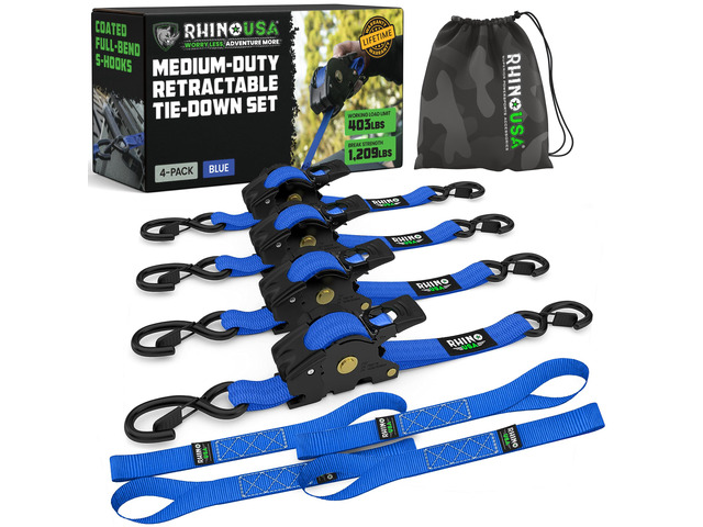 Retractable Ratchet Straps (4-Pack) - 1in x 10ft, Blue 1,209lb Break Strength, Auto Self Retracting Design. For Truck, Cargo Trailer, Motorcycle,...