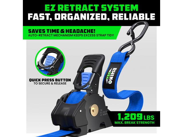 Retractable Ratchet Straps (2-Pack) - 1in x 10ft, 1,209lb, Blue 1,209lb Break Strength, Auto Self Retracting Design. For Truck, Cargo Trailer,...
