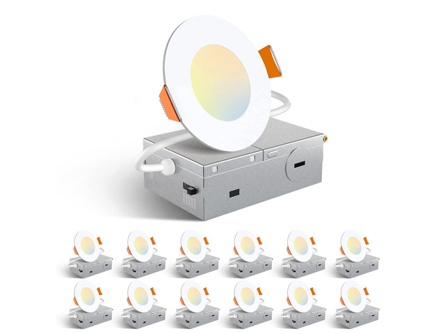 12 Pack 3 Inch LED Recessed Lighting, Canless Wafer Downlight, White 5CCT 2700K-5000K, 5%-100% Dimmable, Ultra-thin, Metal housing, 500LM 7W 120V,...