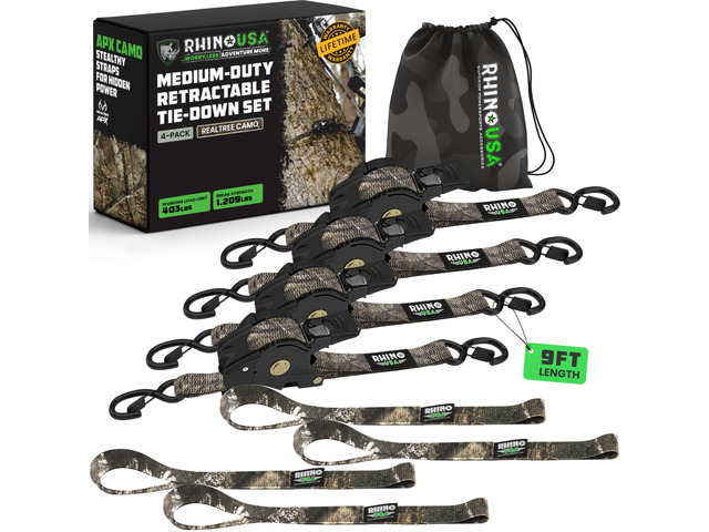 Retractable Ratchet Straps (4-Pack) - 1in x 9ft, Camo 1,209lb Break Strength, Auto Self Retracting Design. For Truck, Cargo Trailer, Motorcycle,...