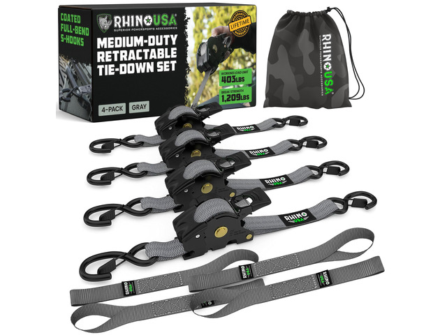 Retractable Ratchet Straps (4-Pack) - 1in x 10ft, Gray 1,209lb Break Strength, Auto Self Retracting Design. For Truck, Cargo Trailer, Motorcycle,...
