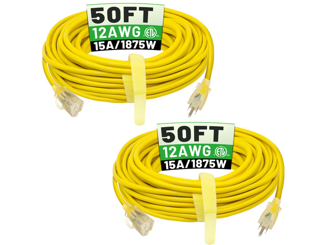 2 Pack 50 FT 12/3 Outdoor Extension Cord Heavy Duty Power Cord Waterproof Heavy Duty with Hook, Lighted Indicator End, 50 Foot Flexible...