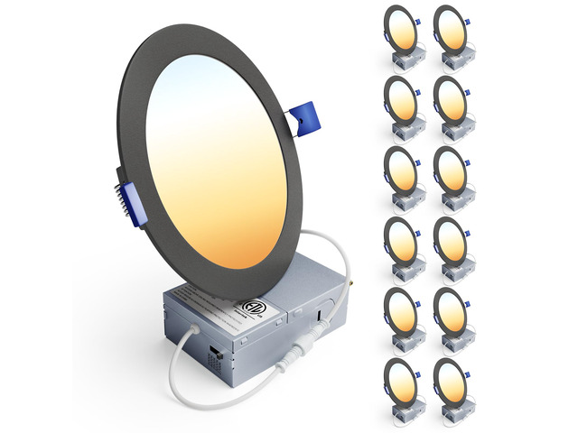 12 Pack 6 Inch LED Recessed Ceiling Light,Black,5CCT,1200LM 12W 2700K-5000K Selectable, 5%-100% Dimming, 120V, Ultra-Thin Canless Wafer Downlight...
