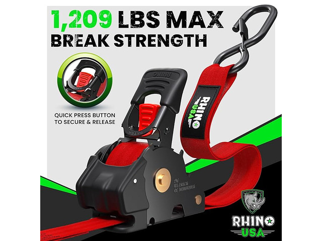Retractable Ratchet Straps (2-Pack) - 1in x 10ft, 1,209lb, Red 1,209lb Break Strength, Auto Self Retracting Design. For Truck, Cargo Trailer,...