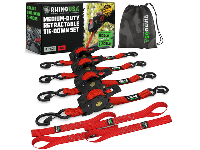 Retractable Ratchet Straps (4-Pack) - 1in x 10ft, Red 1,209lb Break Strength, Auto Self Retracting Design. For Truck, Cargo Trailer, Motorcycle,...